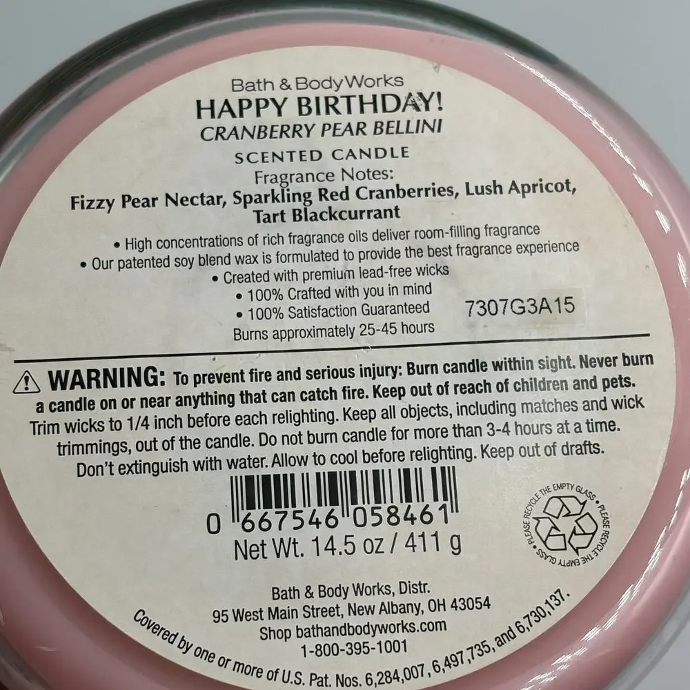 Bath & Body Works Happy Birthday 3-Wick Candle Cranberry Pear Bellini 14.5 oz